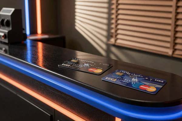 Visa und Mastercard Kreditkarten auf gl&auml;nzender noir Theke