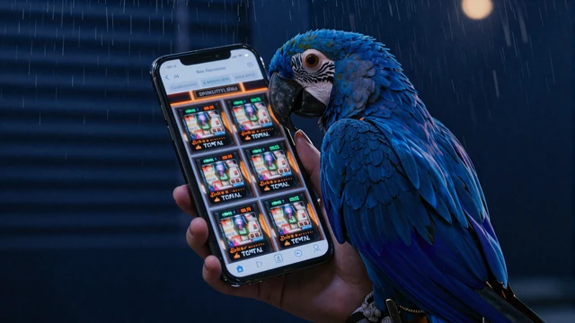 Mobile Casino App auf Smartphone mit blauem Ara-Maskottchen