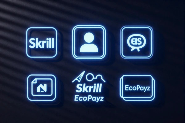 E-Wallet Symbole Skrill Neteller ecoPayz im neonblauen Schein