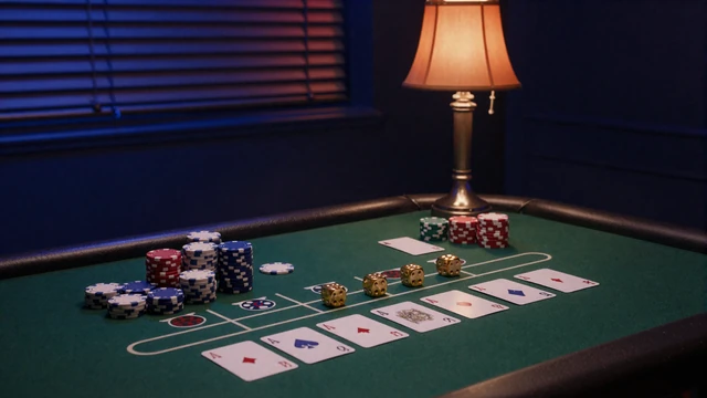 Baccarat und Poker Tisch mit Karten Chips und W&uuml;rfeln im Noir-Stil