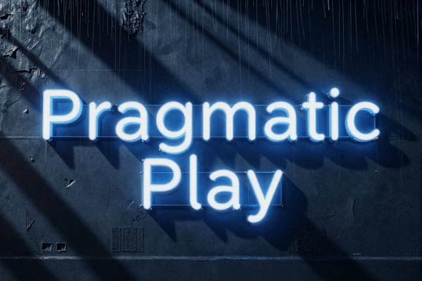 Pragmatic Play Logo im Neon-Schild-Stil &uuml;ber dunklem Indigo Hintergrund