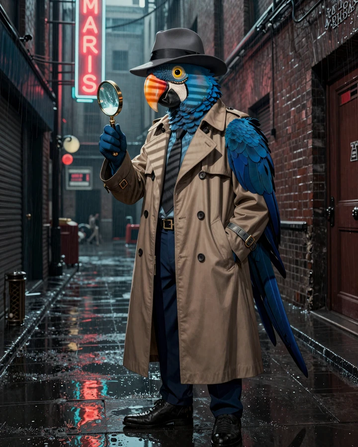 Martin der blaue Ara-Detektiv im Trenchcoat unter Neonlicht - Maskottchen Martin Casino