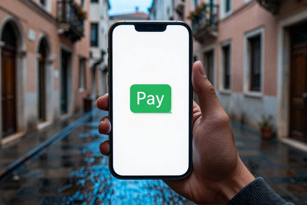 Smartphone mit Apple Pay und Google Pay Symbolen unter Neonregen