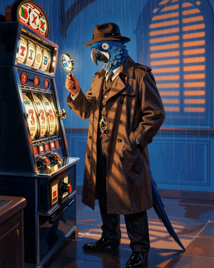 Detektiv-Ara Martin mit Lupe &uuml;ber gl&uuml;henden Slot-Walzen im Film-Noir-Stil - Casino Spiele Martin Casino