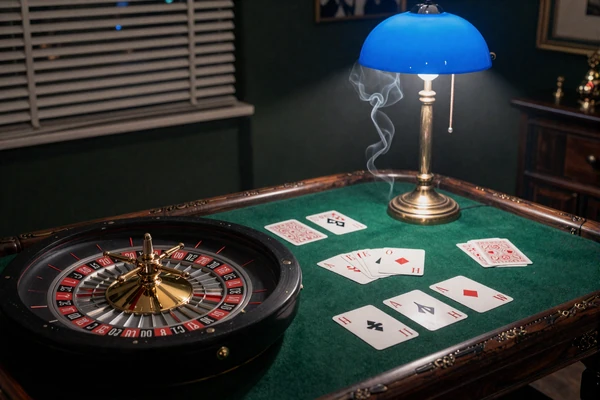 Vintage Roulette-Rad und Pokerkarten auf gr&uuml;nem Filz im noir Salon