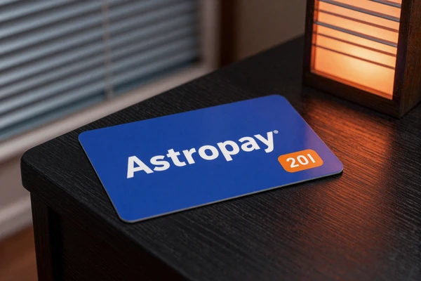 Astropay Voucher Karte in noir Hintergrund mit Neon-Reflexen