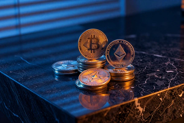 Bitcoin Ethereum und USDT M&uuml;nzen in cobaltblauem Licht