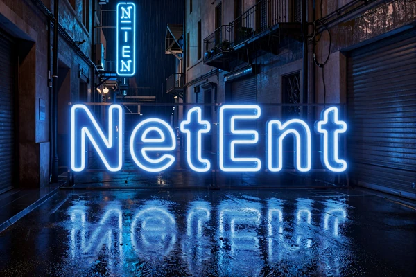 NetEnt Logo neonbeleuchtet auf nasser Asphalt-Spiegelung