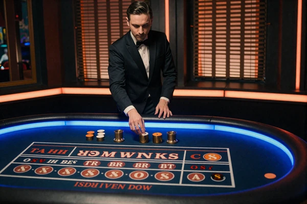 Live-Dealer-Roulettetisch im Film-Noir-Stil mit Croupier in cobaltblauem Licht